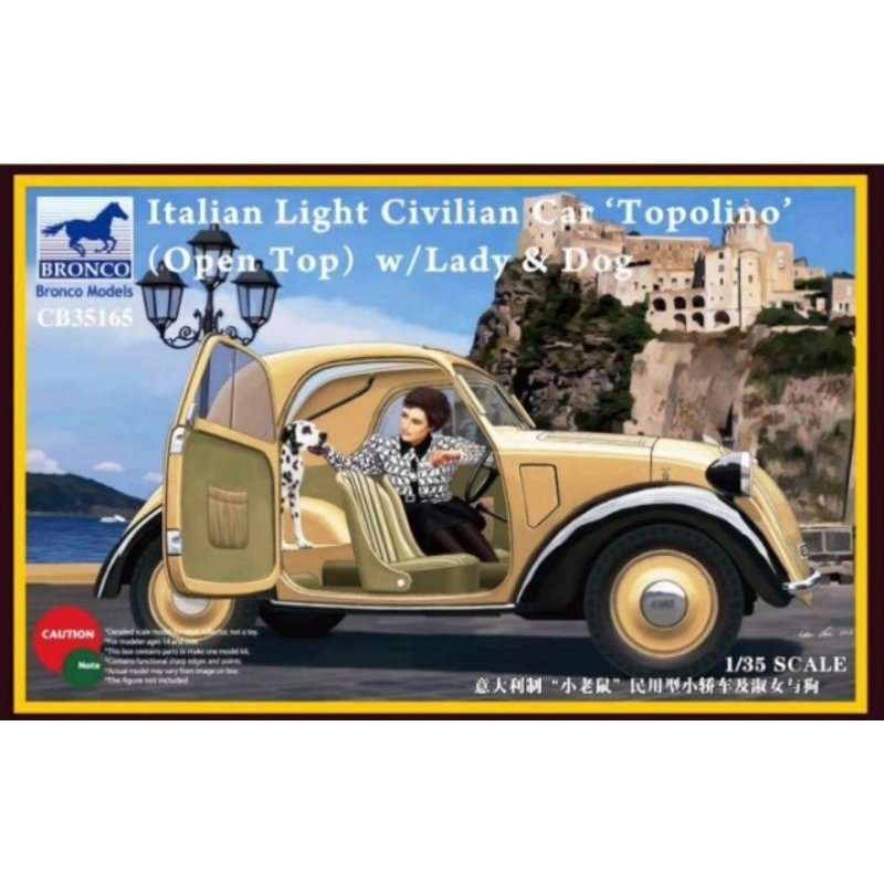 Bronco CB35165 Voiture civile légère italienne Topolino décapotable avec dame et chien 1/35