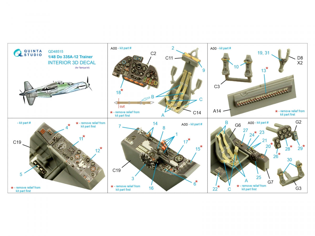 Intérieur imprimé en 3D et coloré sur papier décalcomanie Quinta Studio QD48515 Do 335A-12 Trainer (Tamiya) 1/48 – Bild 2