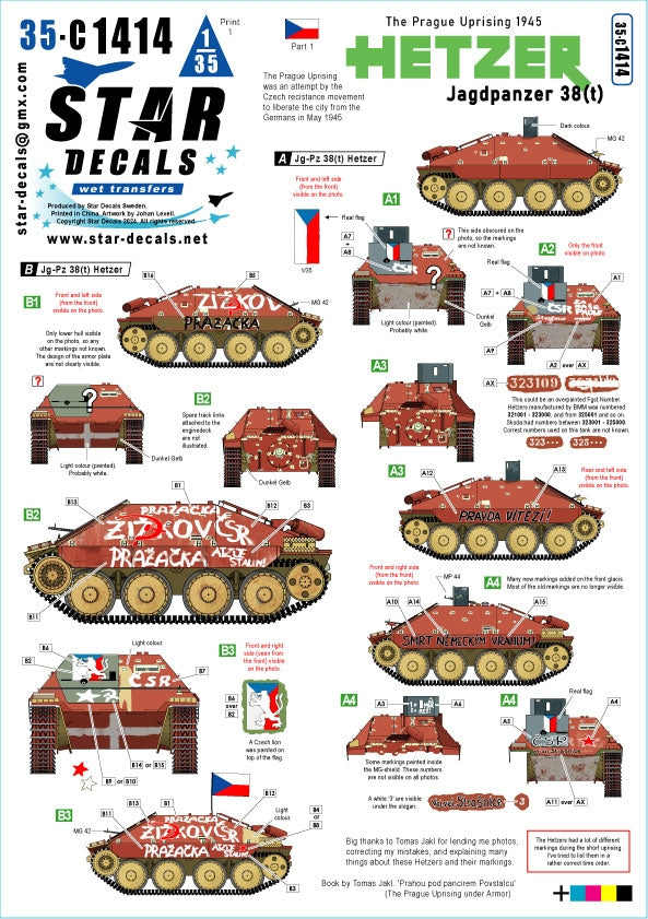 Star Decals 35-C1414 Hetzer - Jagdpanzer 38(t). The Prague Uprising 1945 # 1. The Prague Uprising was an attempt by the Czech resistance movement to liberate the city from the Germans in May 1945 1/35