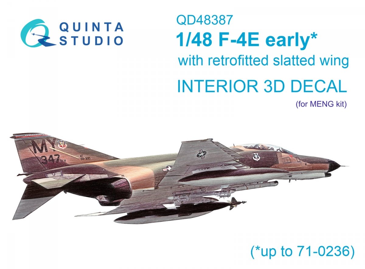 Quinta Studio QD48387 F-4E (première version) avec aile à lamelles, intérieur imprimé en 3D et coloré sur papier décalcomanie (Meng), échelle 1/48
