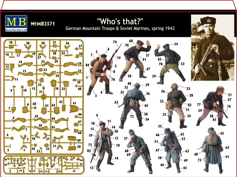 Master Box 3571 Qui est-ce ? Troupes de montagne allemandes et Marines soviétiques (Printemps 1943) Coffret de 6 figurines (1/35) – image 4