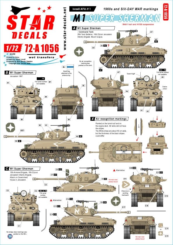 Star Decals 72-A1056 Véhicules blindés israéliens n° 1. M1 Super Sherman et M1 Super Sherman 1/72