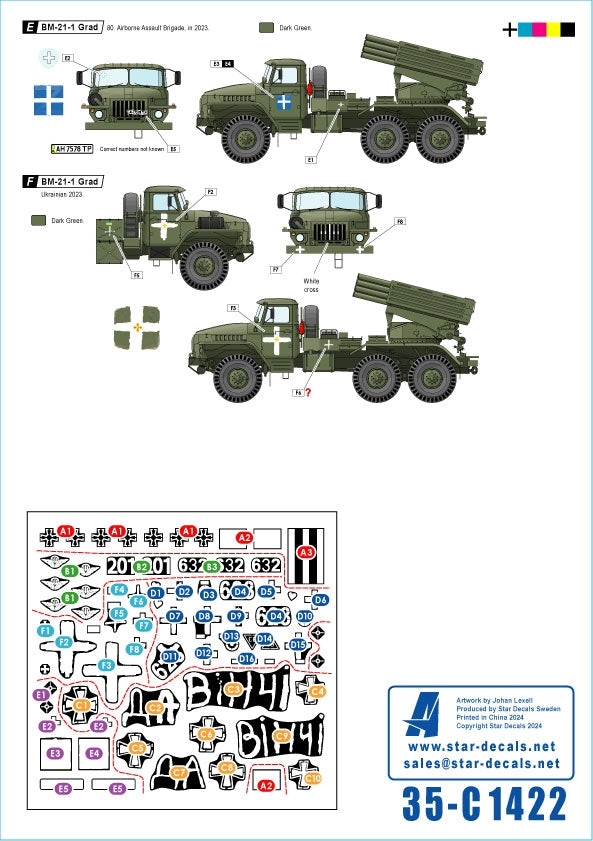Star Decals 35-C1422 Guerre en Ukraine 23 canons lourds et artillerie de roquettes ukrainiens. 2S1 Gvostika, 2S9 Nona, 2S19 Msta-s, TOS-1 et BM-21 Grad 1/35 – immagine 2