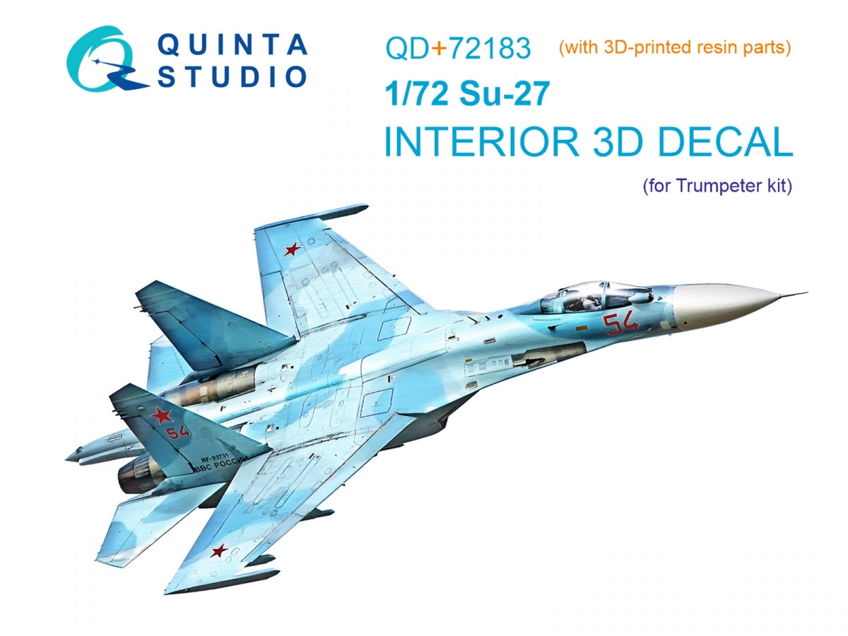 Quinta Studio QD+72183 Su-27 3D-Printed &amp; colored Interior on decal paper (Trumpeter) (with 3D-printed resin part) 1/72