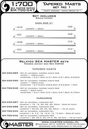 Master SM-700-047 Set of universal tapered masts No1 (length = 60mm each, diameters = 0.15/0.6mm; 0.2/0.8mm; 0.25/1mm; 0.3/1.2mm) 1/700 – image 3