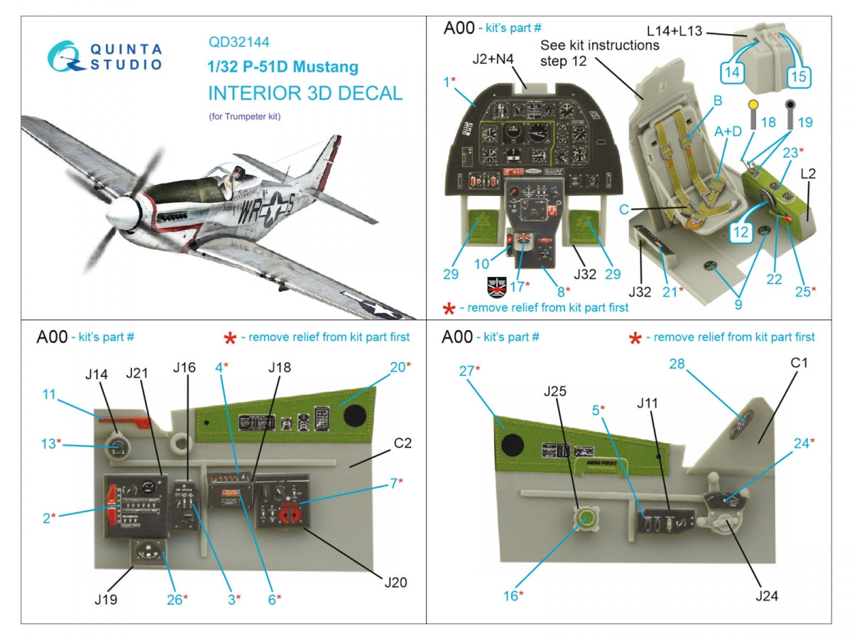 Intérieur imprimé en 3D et coloré sur papier décalcomanie Quinta Studio QD32144 P-51D Mustang (Trumpeter) 1/32 – Bild 2