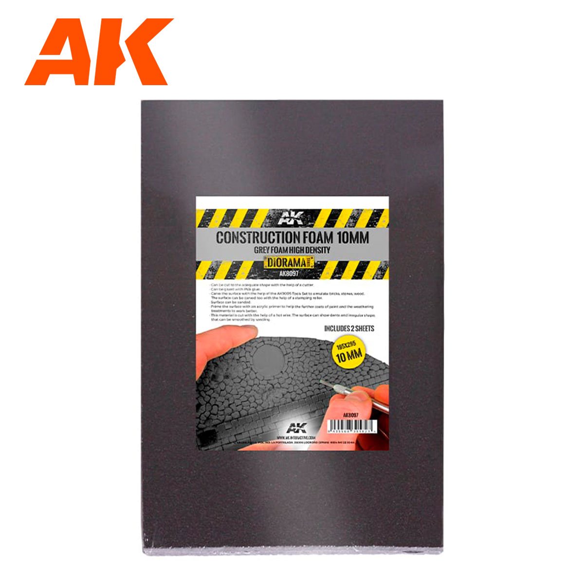 Mousse de construction AK Interactive AK8097, mousse noire haute densité 10 mm, 195 x 295 mm, comprend 2 feuilles (mousse de construction)