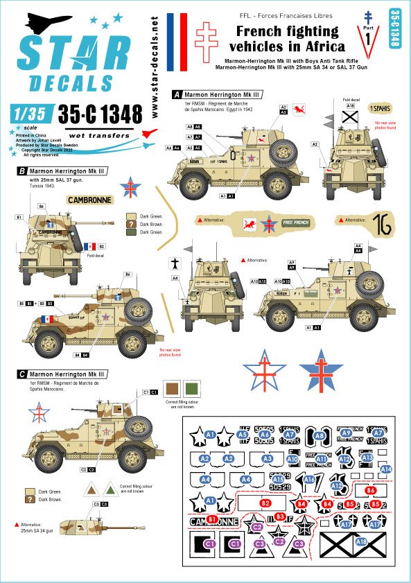 Star Decals 35-C1348 Véhicules de combat français en Afrique 1. FFL - Forces Françaises Libres 1/35