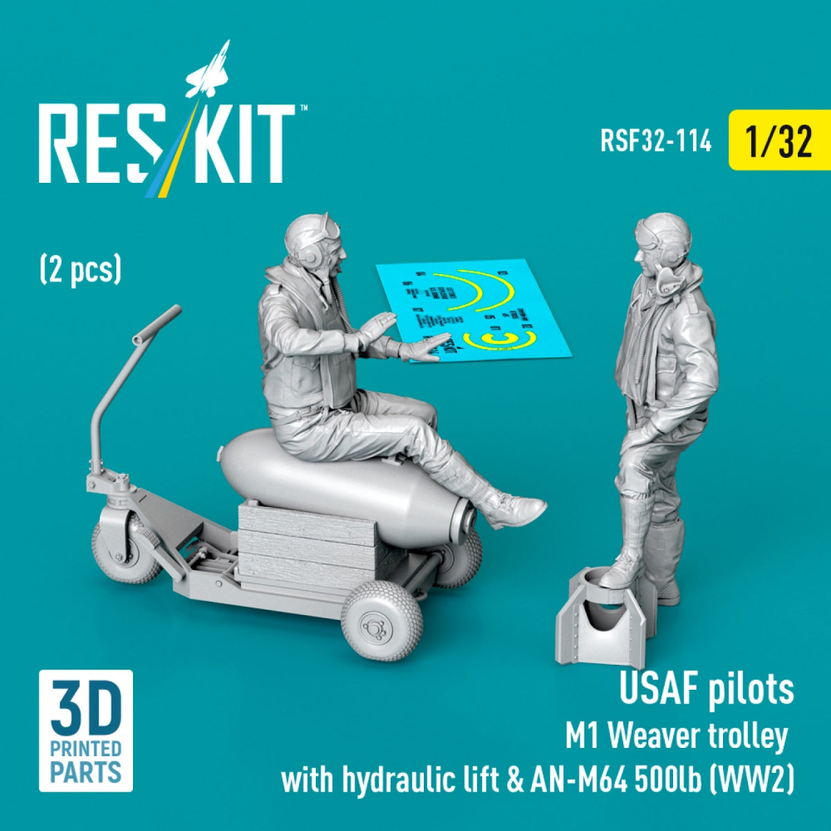 RESKIT RSF32-0114 USAF pilots (2 pcs) & M1 Weaver trolley with hydraulic lift & AN-M64 500lb (WW2) (3D Printed) 1/32