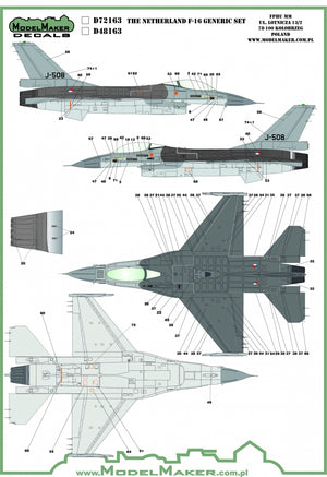 Décalcomanies ModelMaker D48163 Pays-Bas F-16 Insignes et pochoirs, jeu générique 1/48