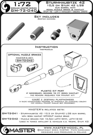 Master GM-72-040 Sturmhaubitze 42 - 10.5 cm StuH 42 L/28 - canon fonctionnel avec frein de bouche et manchon en résine 1/72 – imagen 9
