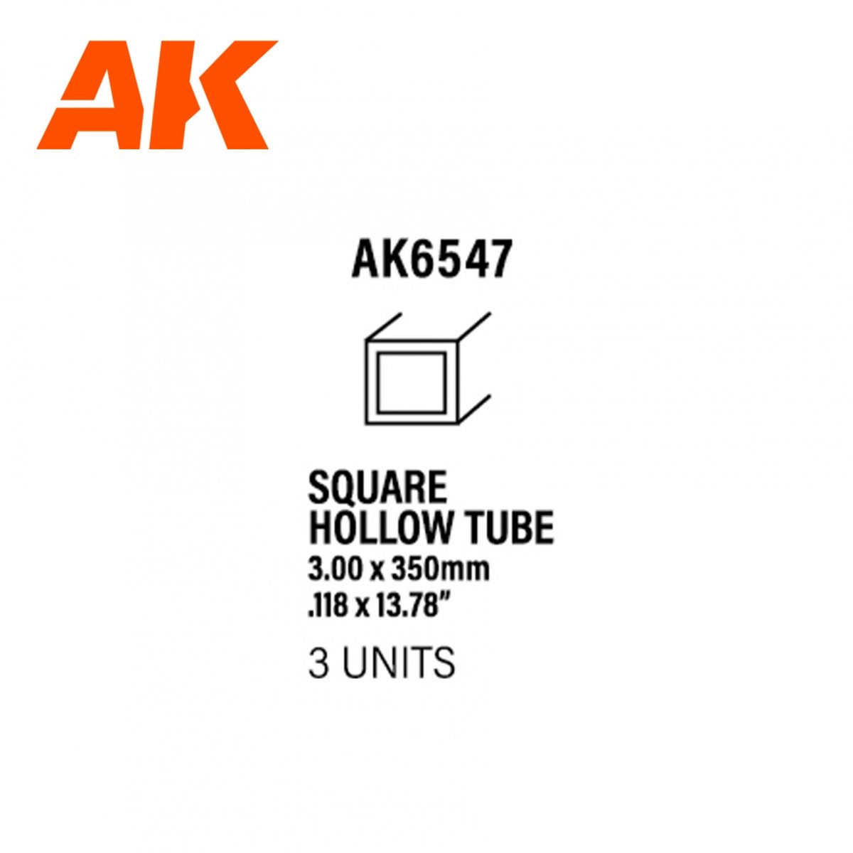 Tube creux carré AK Interactive AK6547 3,00 x 350 mm – Tube creux carré en styrène – (3 unités)