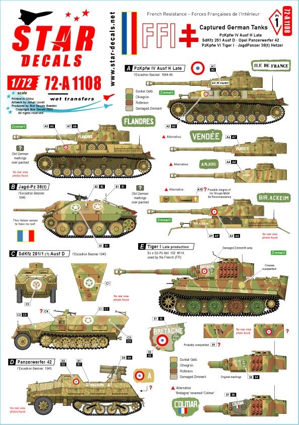 Star Decals 72-A1108 FFI #1 Chars allemands capturés. Résistance française - Forces Françaises de l'Intérieur 1/72