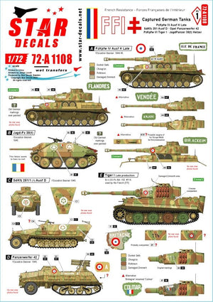 Star Decals 72-A1108 FFI #1 Chars allemands capturés. Résistance française - Forces Françaises de l&amp;#39;Intérieur 1/72