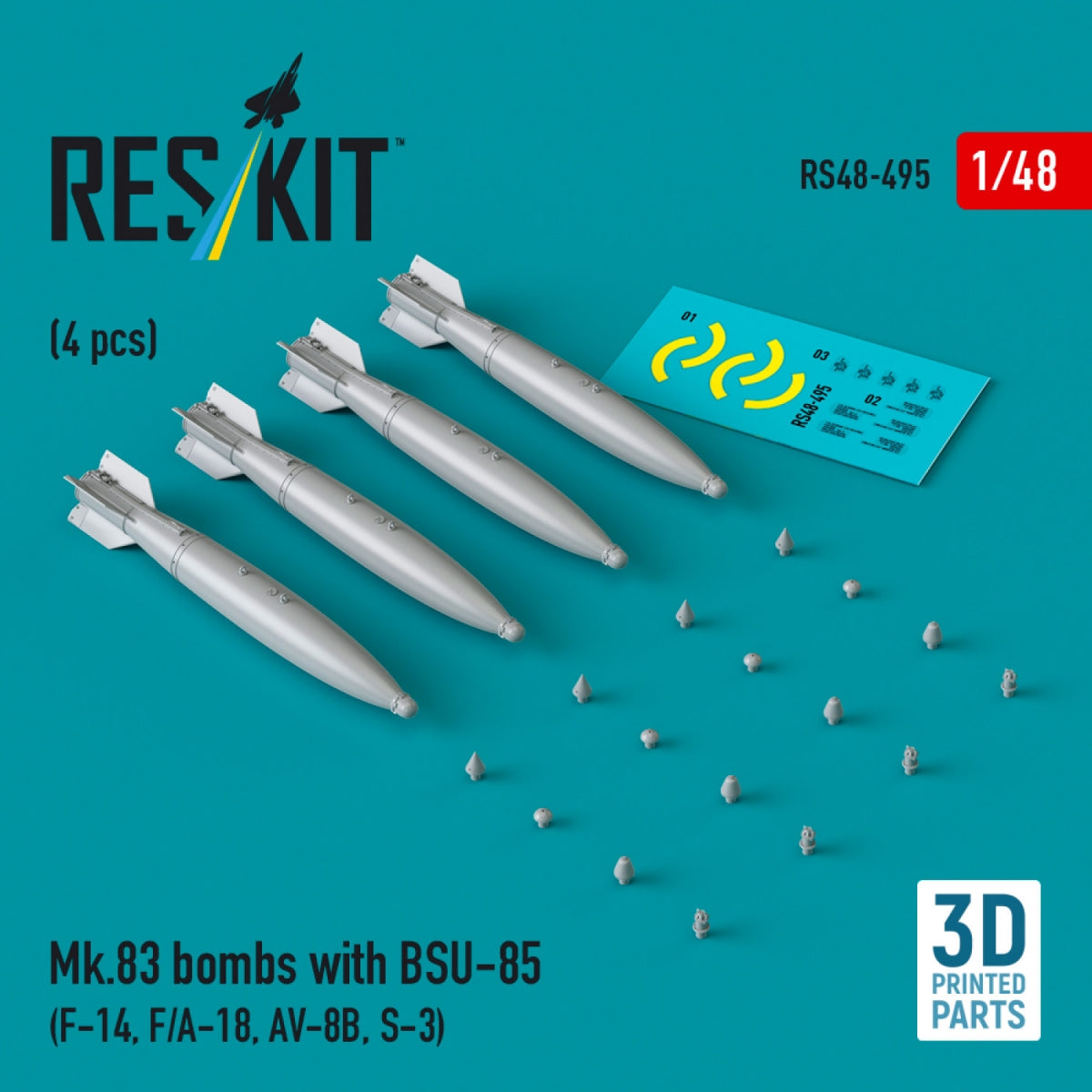 RESKIT RS48-0495 Bombes Mk.83 avec BSU-85 (4 pièces) (impression 3D) 1/48