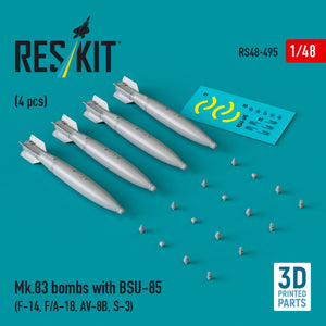 RESKIT RS48-0495 Bombes Mk.83 avec BSU-85 (4 pièces) (impression 3D) 1/48
