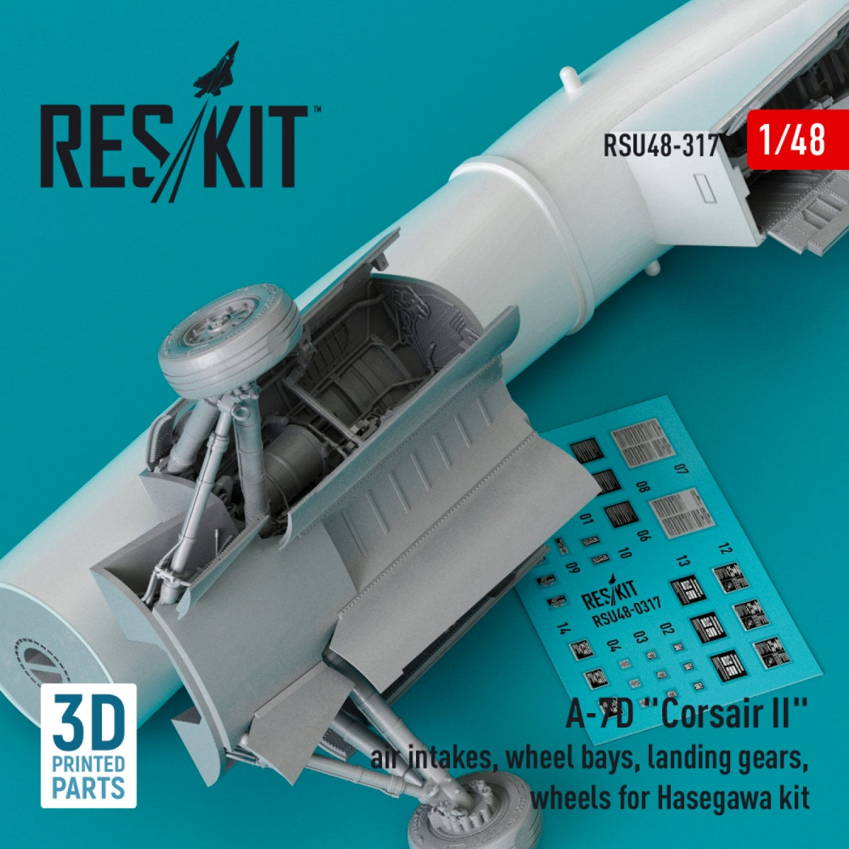 RESKIT RSU48-0317 A-7D « CORSAIR II » : prises d&amp;#39;air, puits de train d&amp;#39;atterrissage, trains d&amp;#39;atterrissage, roues pour maquette Hasegawa (impression 3D) au 1/48 – immagine 2