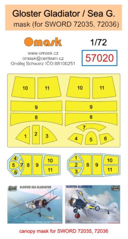 Masque Omask 57020 Gloster Gladiator / Sea Gladiator (pour Sword 72035, 72036) 1/72