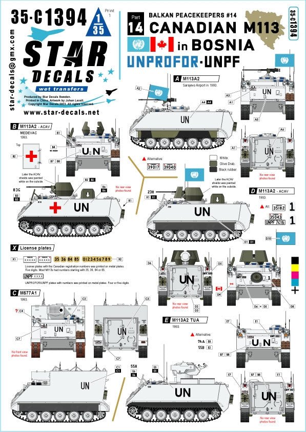 Star Decals 35-C1394 M113 canadien en Bosnie. Casques bleus des Balkans n° 14. M113A2, M113A2 ACAV, M577A1 et M113A2 TUA 1/35