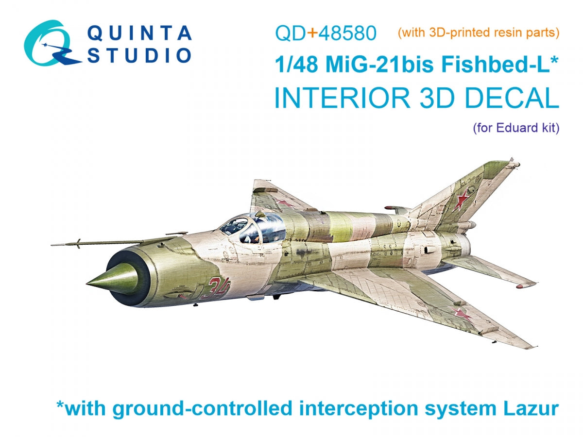 Quinta Studio QD+48580 MiG-21bis (première version) Fishbed-L Intérieur imprimé en 3D et coloré sur papier décalcomanie (Eduard) (avec pièces en résine imprimées en 3D) 1/48