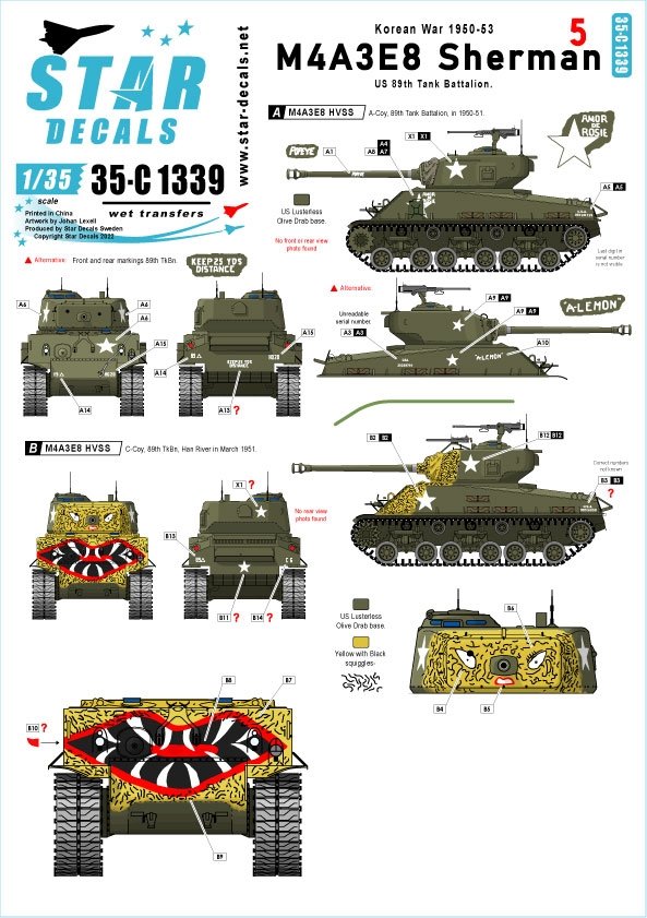 Star Decals 35-C1339 Guerre de Corée - M4A3E8 Sherman n° 5. 89e bataillon de chars Sherman Easy Eight en Corée. Avec et sans calandre « tigre ». Échelle 1/35