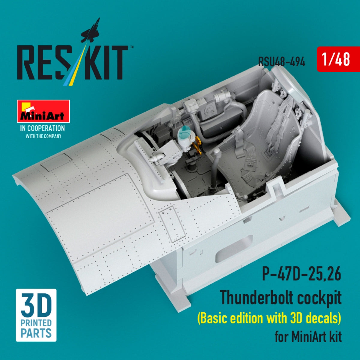 RESKIT RSU48-0494 P-47D-25,26 Thunderbolt cockpit (Basic edition with 3D decals) for MiniArt kit (3D Printed) 1/48