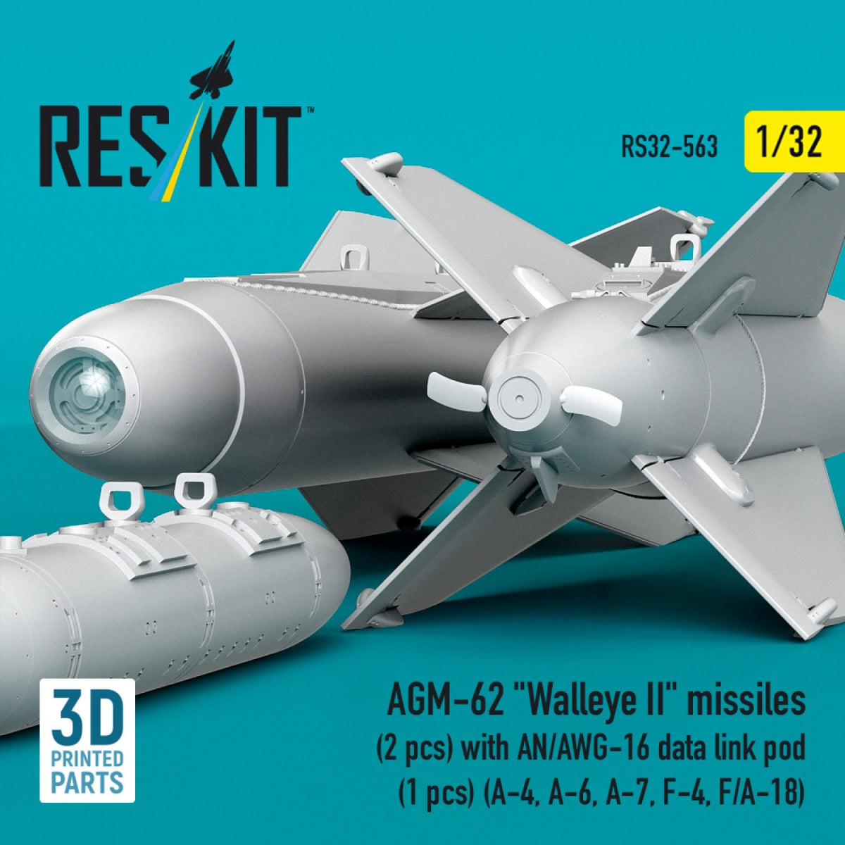 RESKIT RS32-0563 AGM-62 "Walleye II" missiles (2 pcs) with AN/AWG-16 data link pod (1 pcs) (A-4, A-6, A-7, F-4, F/A-18) (3D Printed) 1/32