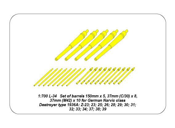 Aber 1/700L-34 Set of Barrels for Narvic classe destroyers type 1936A: 150mm x 5; 37mm x 8; 37mm(M42) x 10; 1/700 – zdjęcie 5