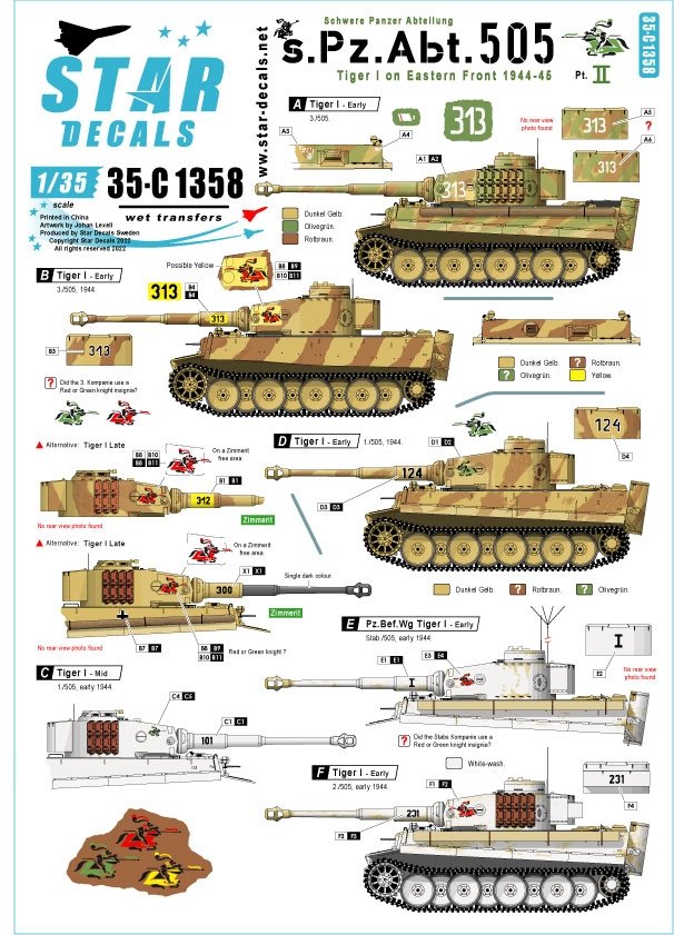 Star Decals 35-C1358 s.Pz.Abt. 505 1943-44 Tiger I sur le front de l'Est 1944-45. Tiger I de début et milieu de production et Befehls-Tiger 1/35