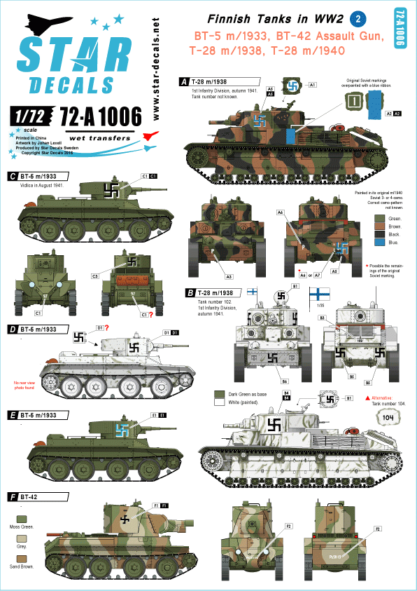 Star Decals 72-A1006 BT-5 m/1933, canon d'assaut BT-42, T-28 m/1938 et T-28 m/1940 1/72