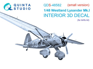 Intérieur imprimé en 3D et coloré sur papier décalcomanie Quinta Studio QDS-48582 Westland Lysander Mk.I (Airfix) (petite version) 1/48