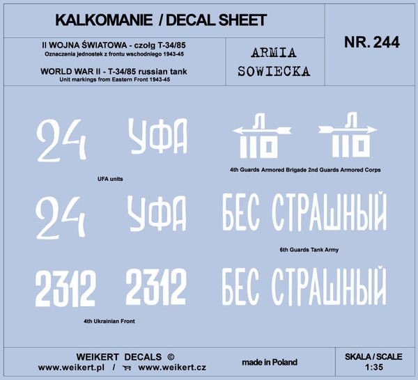 Weikert Decal DEC244 Armée Soviétique - TANK T-34/85 - Front de l&amp;#39;Est 1943-45 - vol.3 1/35