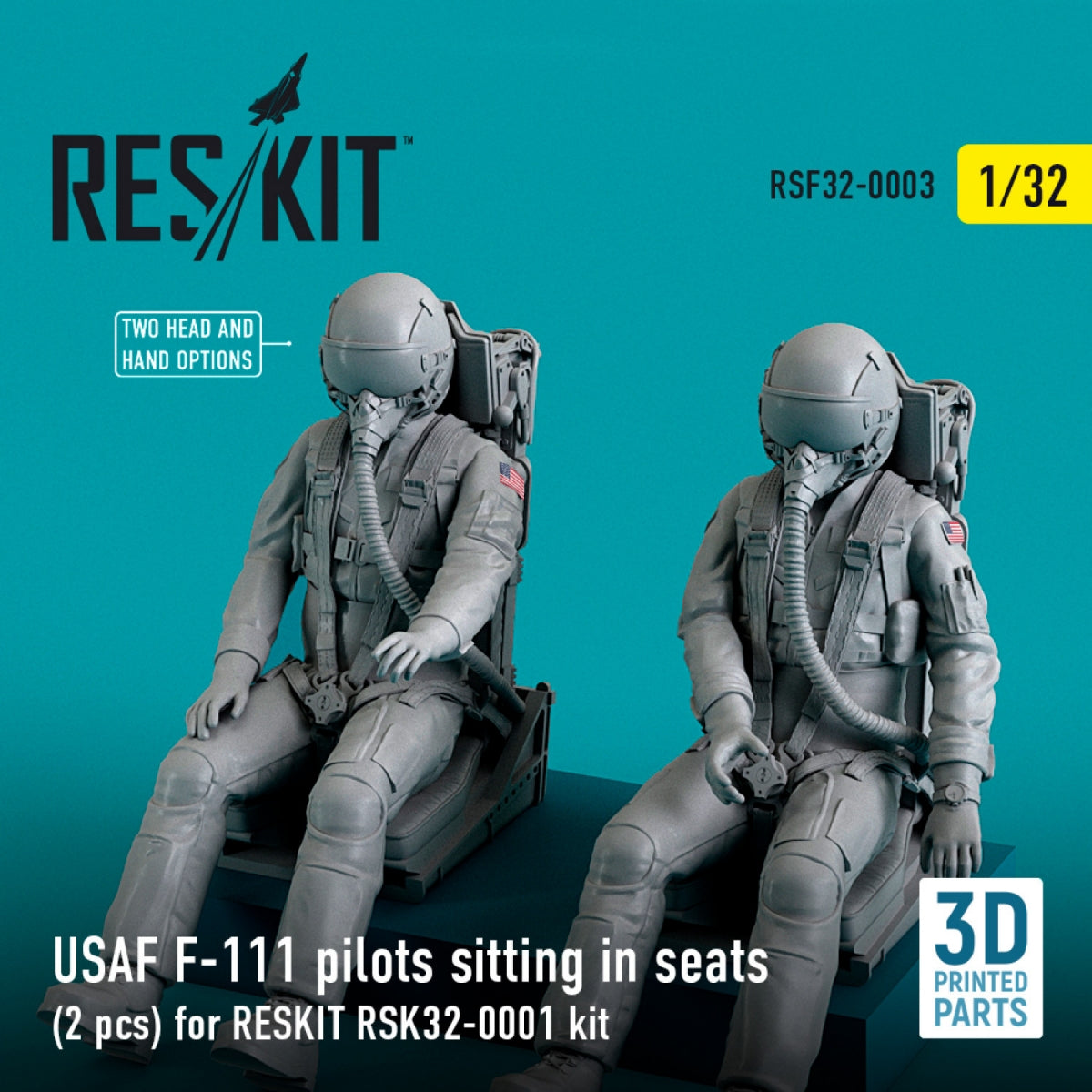 RESKIT RSF32-0003 PILOTES DE F-111 DE L&amp;#39;USAF ASSIS DANS LEURS SIÈGES (2 PIÈCES) POUR KIT RESKIT RSK32-0001 (IMPRIMÉ EN 3D) 1/32
