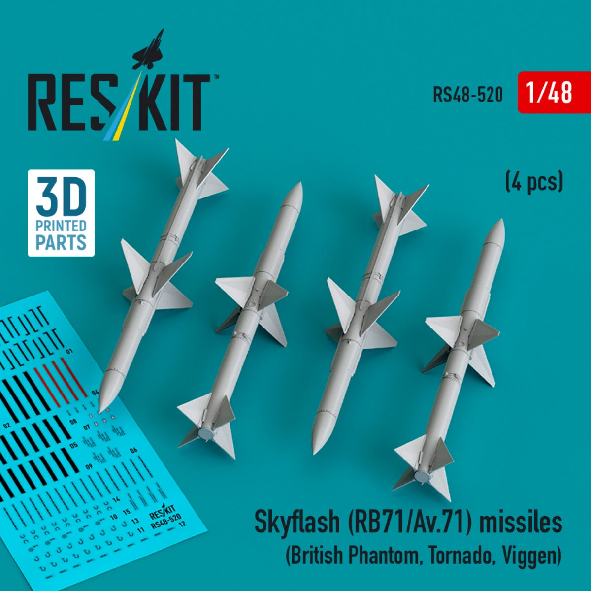 RESKIT RS48-0520 Missiles Skyflash (RB71/Av.71) (4 pcs) (imprimé en 3D) 1/48