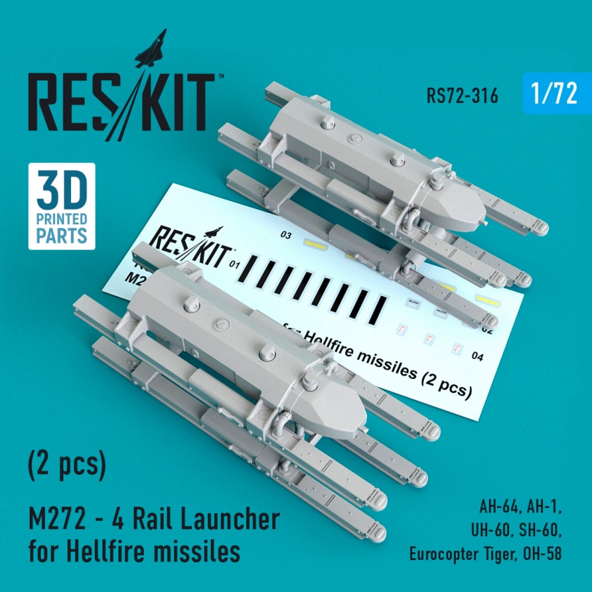 RESKIT RS72-0316 M272 - Lanceur sur rails pour missiles Hellfire (2 pièces) 1/72