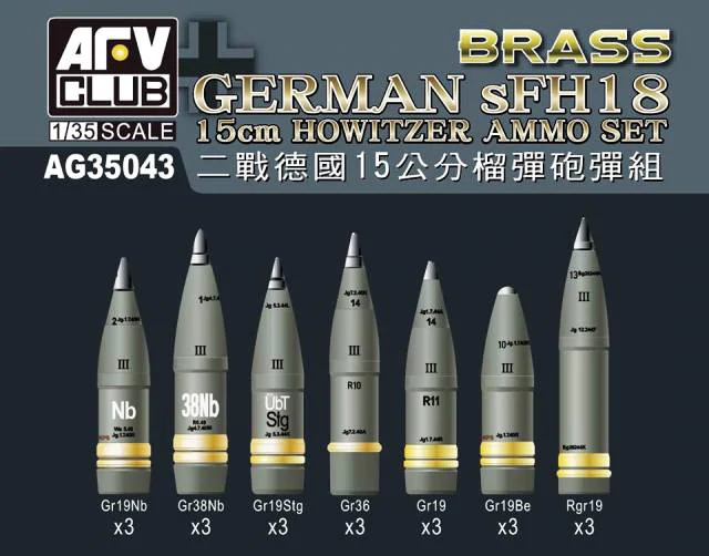 AFV Club AG35043 Ensemble de munitions pour obusier allemand sFH18 de 15 cm, échelle 1/35