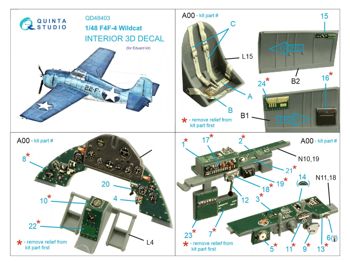 Intérieur imprimé en 3D et coloré sur papier décalcomanie Quinta Studio QD48403 F4F-4 Wildcat (Eduard) 1/48 – image 2
