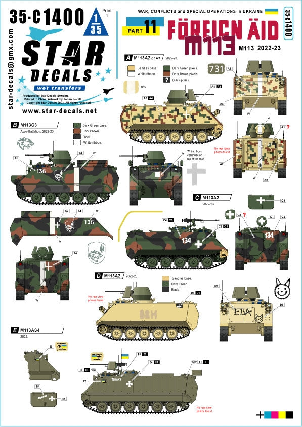 Star Decals 35-C1400 Guerre en Ukraine n° 11 Aide étrangère à l&amp;#39;Ukraine 2022-2023. M113A2/A3, M113G3, M113AS4 1/35