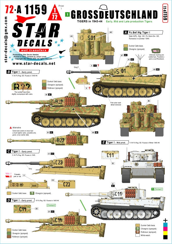 Star Decals 72-A1159 Grossdeutschland Tigers. 1943-44. Tiger I, production début, milieu et fin, échelle 1/72