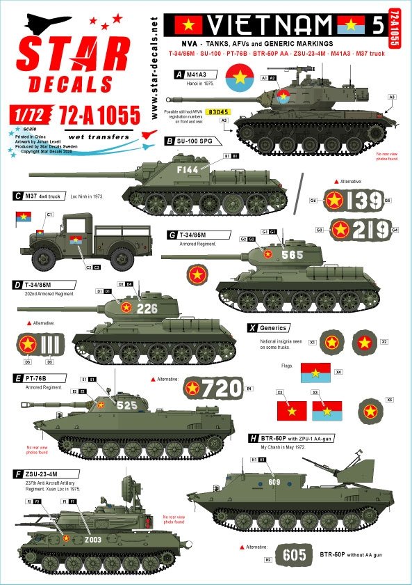 Star Decals 72-A1055 Vietnam n° 5. Marquages ​​pour chars et véhicules blindés nord-vietnamiens (NVA). Échelle 1/72.