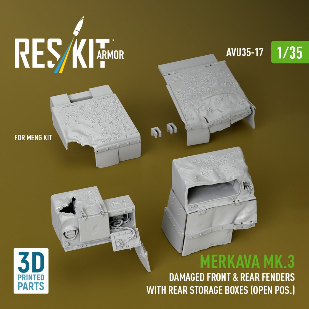 RESKIT AVU35-0017 Merkava Mk.3 damaged front & rear fenders with rear storage boxes (open pos.) for Meng kit (3D Printed) 1/35