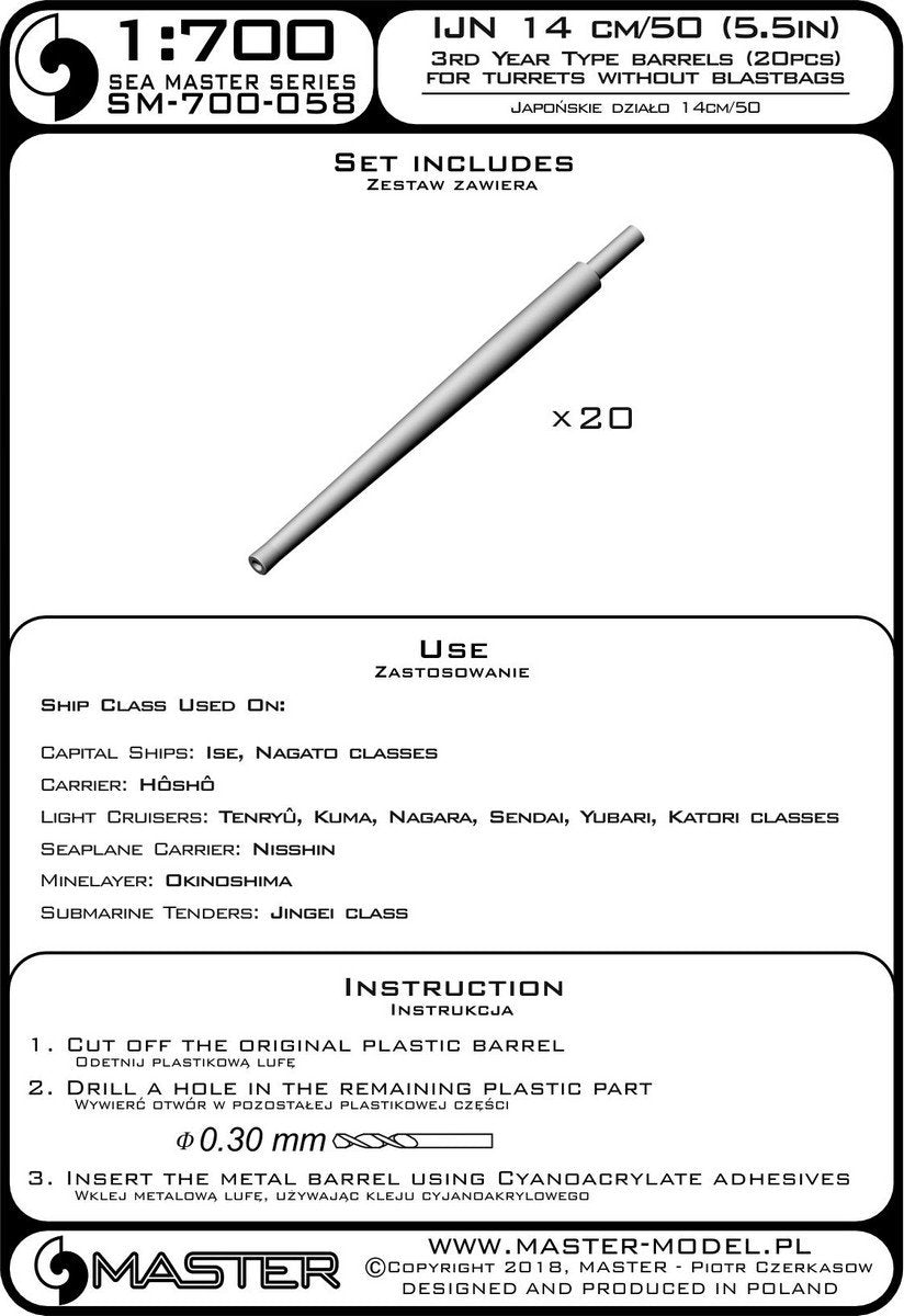Master SM-700-058 Canons japonais de 14 cm/50 (5,5 pouces) type 3e année - pour tourelles sans bouclier anti-souffle (20 pièces) - La plupart des cuirassés et croiseurs japonais anciens (1/700) – Bild 3