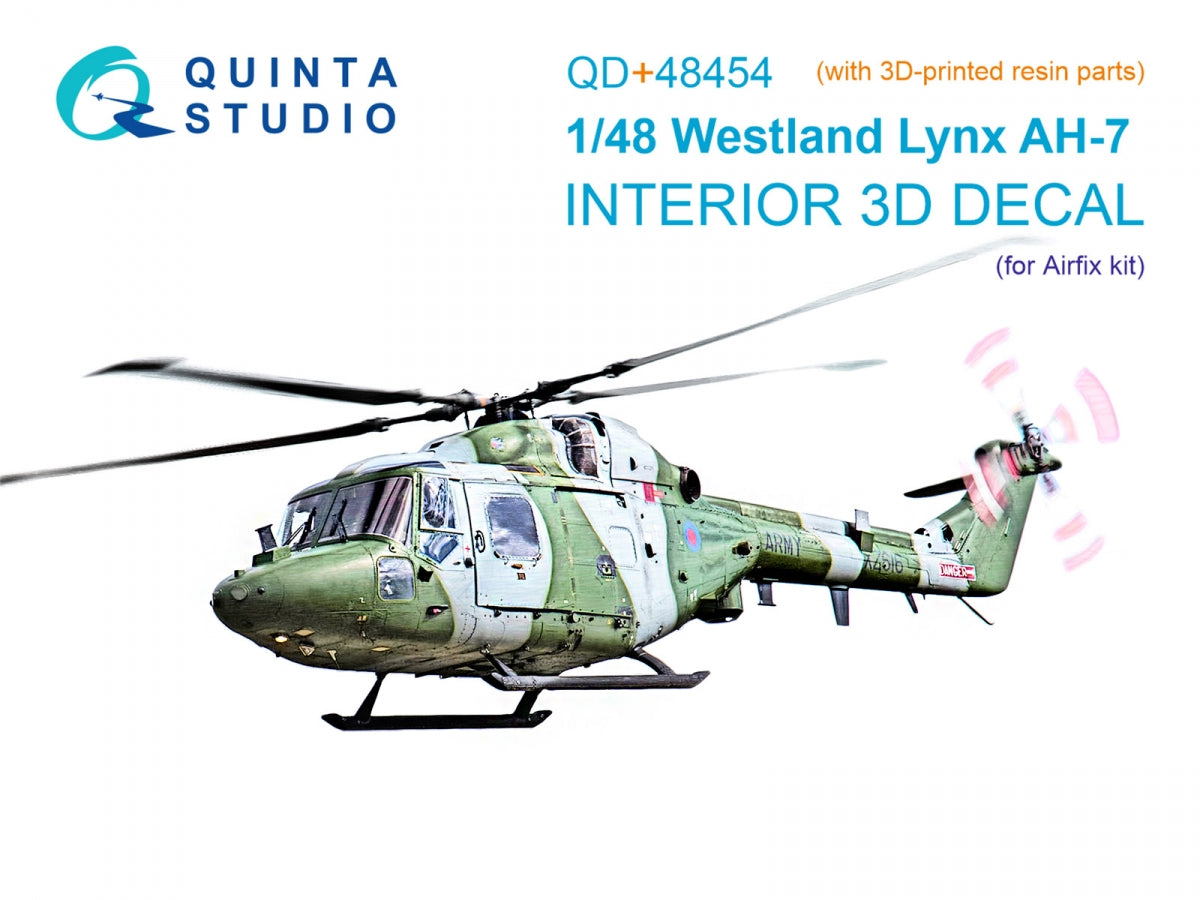 Quinta Studio QD+48454 Lynx AH-7 Intérieur imprimé en 3D et coloré sur papier décalcomanie (Airfix) (avec pièces en résine imprimées en 3D) 1/48