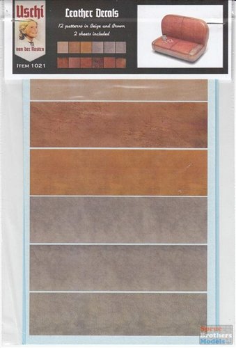 Uschi 1021 Décalcomanies en cuir pour maquettes aux échelles 1/48, 1/32 et 1/24. 2 planches texturées rouge/marron et beige/gris.