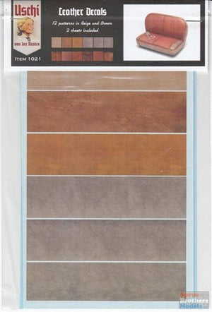 Uschi 1021 Décalcomanies en cuir pour maquettes aux échelles 1/48, 1/32 et 1/24. 2 planches texturées rouge/marron et beige/gris.