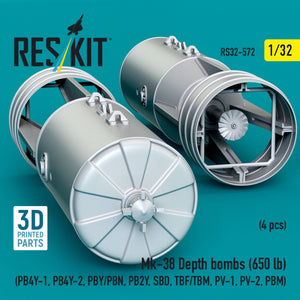 RESKIT RS32-0572 Mk-38 Depth bombs (650 lb) (4 pcs) (PB4Y-1, PB4Y-2, PBY/PBN, PB2Y, SBD, TBF/TBM, PV-1, PV-2, PBM) (3D Printed) 1/32
