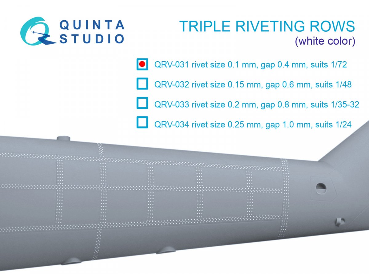 Rangées de rivets triples Quinta Studio QRV-031 (taille des rivets : 0,10 mm, écartement : 0,4 mm, convient à l’échelle 1/72), couleur blanche, longueur totale : 6,6 m / 22 pi