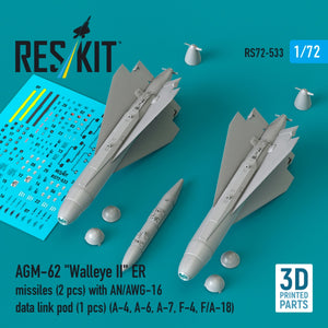 RESKIT RS72-0533 AGM-62 "Walleye II" ER missiles (2 pcs) with AN/AWG-16 data link pod (1 pcs) (A-4, A-6, A-7, F-4, F/A-18) (3D Printed) 1/72