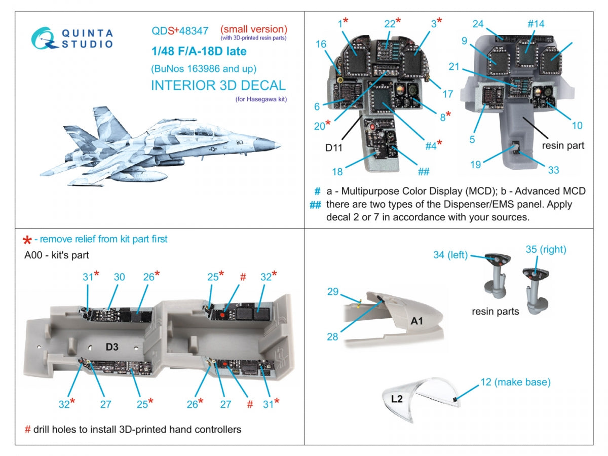 Quinta Studio QDS+48347 FA-18D tardif Intérieur coloré imprimé en 3D sur papier décalcomanie (Hasegawa) (avec pièces en résine imprimées en 3D) (Petite version) 1/48 – immagine 2