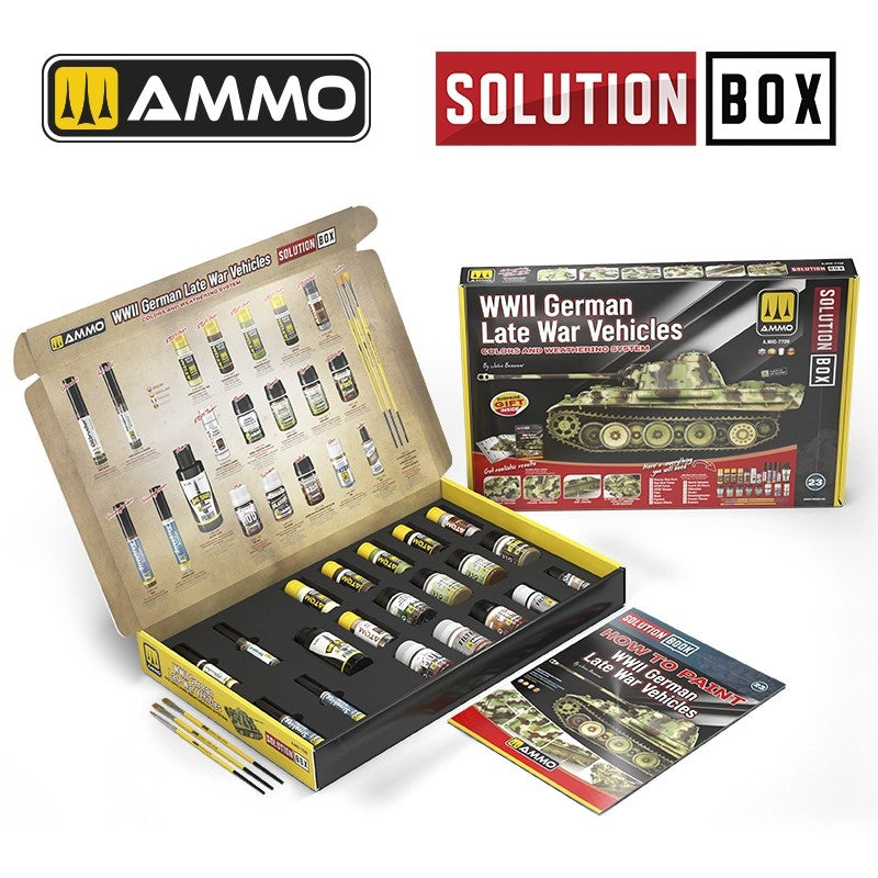 AMMO de Mig Jimenez 7729 SOLUTION BOX 23 – Véhicules allemands de fin de guerre de la Seconde Guerre mondiale. Système de couleurs et de vieillissement – immagine 2